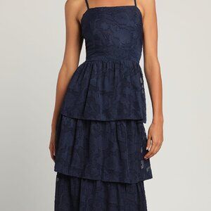 LULU-Grace and Beauty Navy Blue Burnout Floral Print Tiered Dress- NEVER Worn
